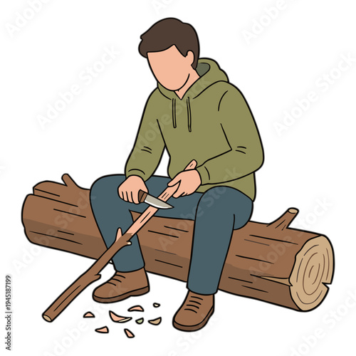 A man sits on a log whittling wood with a knife outdoors