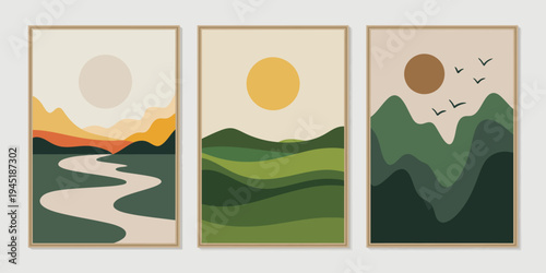 Landscape print set, minimalist vector illustrations with left print of winding river across dark green hills and pale yellow sun, middle print of green rolling hills under bright yellow sun for artis