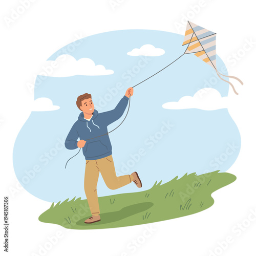 Man runs and flies colorful kite on green grassy hill outdoors