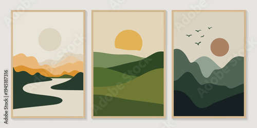 Bild auf Leinwand Landscape print set, left artwork showing winding white river through dark green