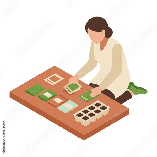 Woman sitting on floor arranging green cards on wooden table indoors