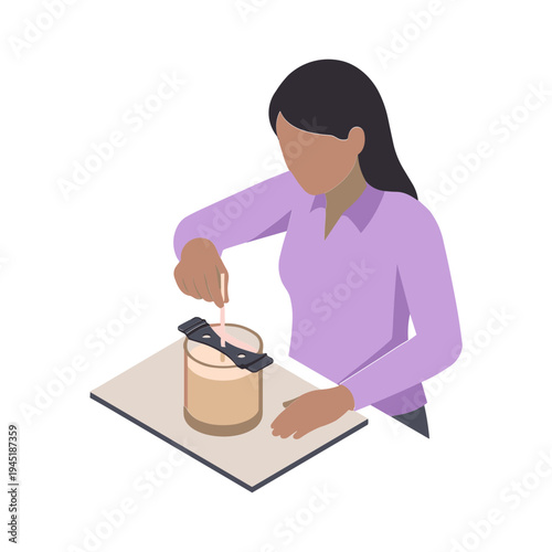 Woman cooks food in kitchen with utensil on table indoors