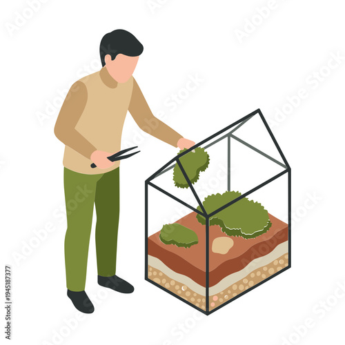 A man is planting a leafy green plant in a terrarium with soil and rocks.