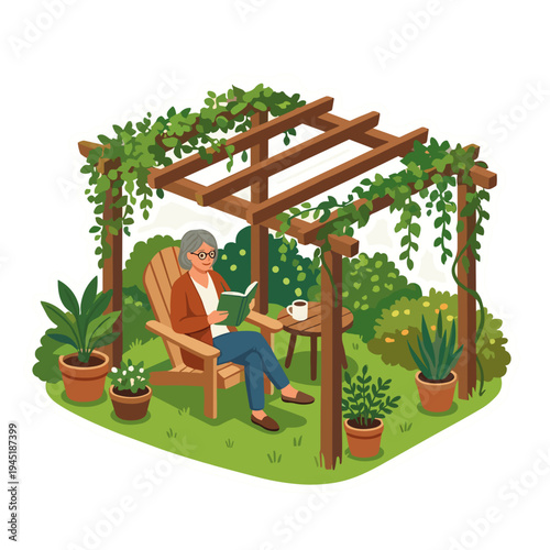Elderly man relaxing under a wooden pergola in a garden with plants