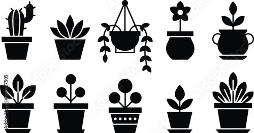 Set of 10 plant icons vector, black potted plants