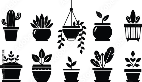 Set of 10 plant icons vector, black potted plants