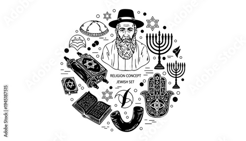 Jewish rabbi icon illustration with menorah and Torah scroll vector set