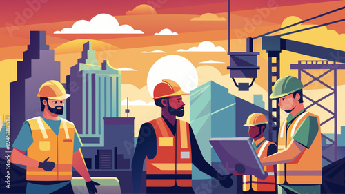 Construction workers wearing safety helmets working at building site during sunset, industrial concept.