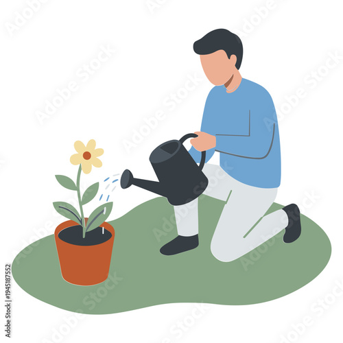 Man kneeling down watering a potted flower with a watering can