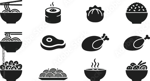 Set of 10 food icons vector, black and white