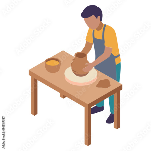 A man shapes clay on a pottery wheel at a wooden table indoors.