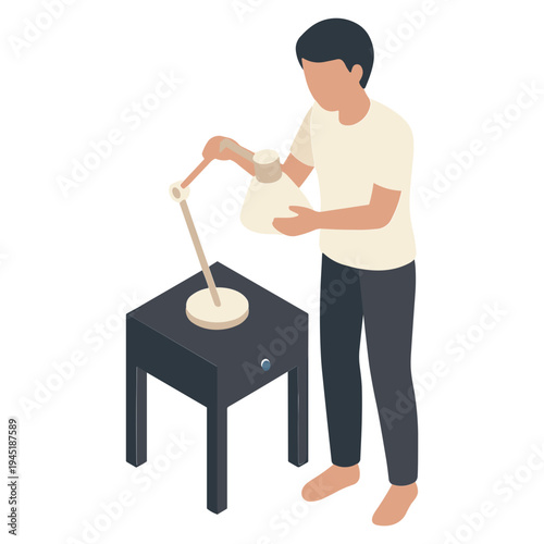 A man is carefully pouring from a jug onto a table with a device.