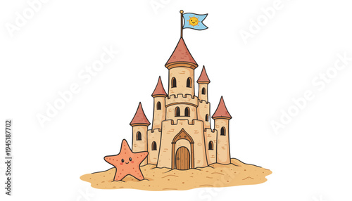 A sand castle illustration with a starfish on the beach