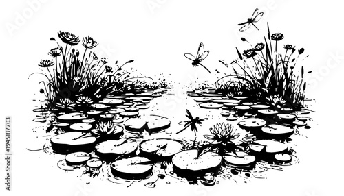 A flower vector illustration of a pond with lily pads and dragonflies