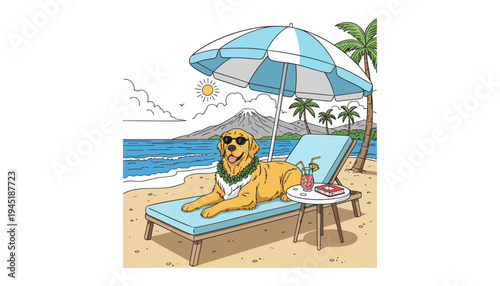A dog wearing sunglasses relaxes on a beach lounge chair under a blue umbrella