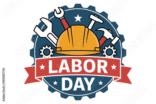 Labor day badge with tools and hard hat wrench