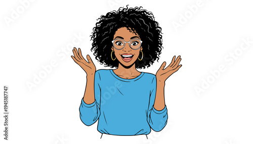 A cartoon woman with curly hair and a surprised expression