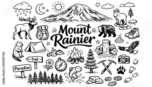 Mount Rainier mountain illustration with various camping and hiking icons
