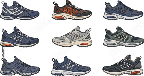 Set of Detailed Sneaker Illustrations Featuring Different Color Variants and Modern Sporty Design for Footwear and Fashion Themes