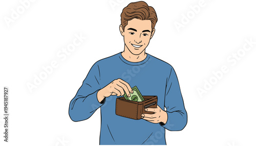 A smiling young man putting money into a brown piggy bank