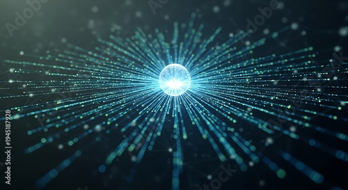Central glowing orb emits brilliant blue digital particles radiating outward in straight lines against a dark, abstract background suggesting data transmission.