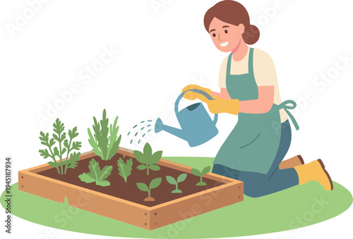 Woman waters plants in garden with blue watering can on green lawn