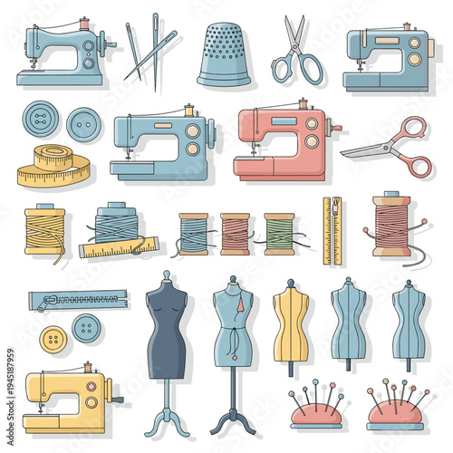 Collection of sewing tools and equipment for fashion design and tailoring.