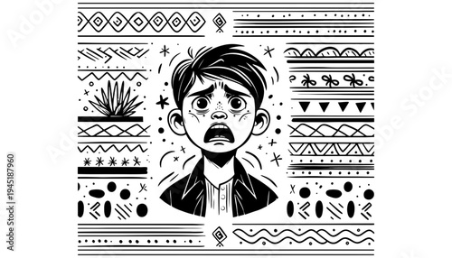 A shocked boy illustration with tribal patterns in black and white