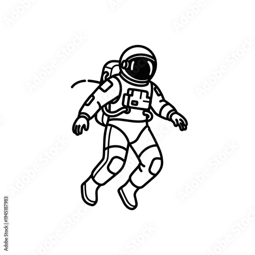 Astronaut floating in space, black and white illustration, cosmic exploration.