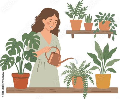 Woman watering plants on a shelf in her home garden with happiness