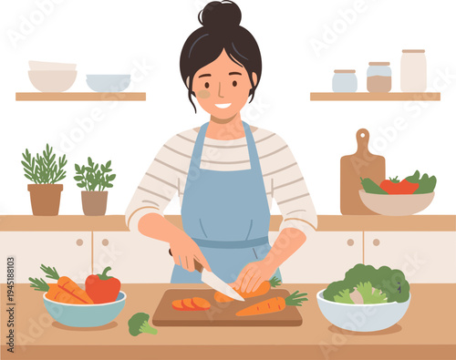 Woman prepares food in a kitchen with fresh vegetables on the countertop.