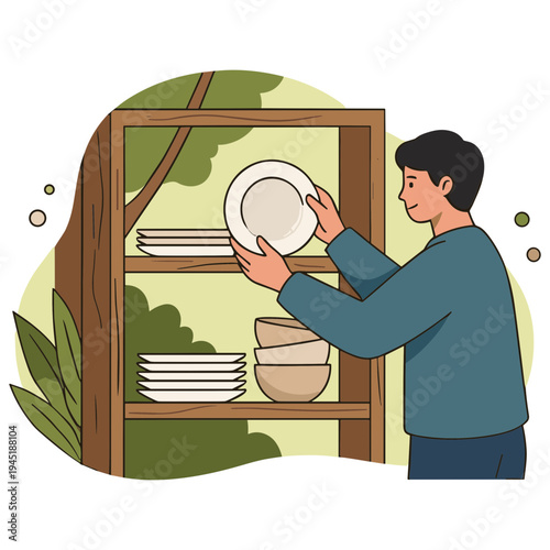 Man placing plate on wooden shelf with stacked dishes indoors