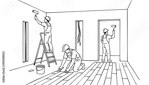 Painter workers in hard hats painting a room with rollers and a ladder