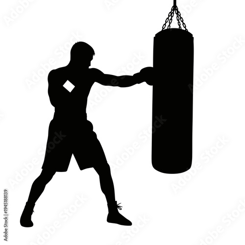 Silhouette of a boxer training with a punching bag in a gym setting.