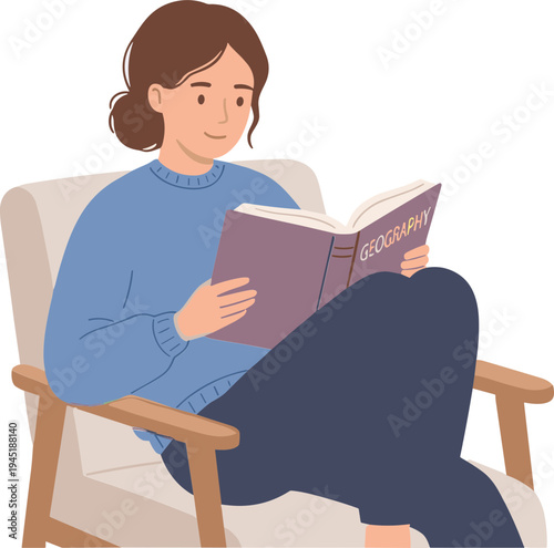 Woman sitting in chair reading a book indoors leisurely