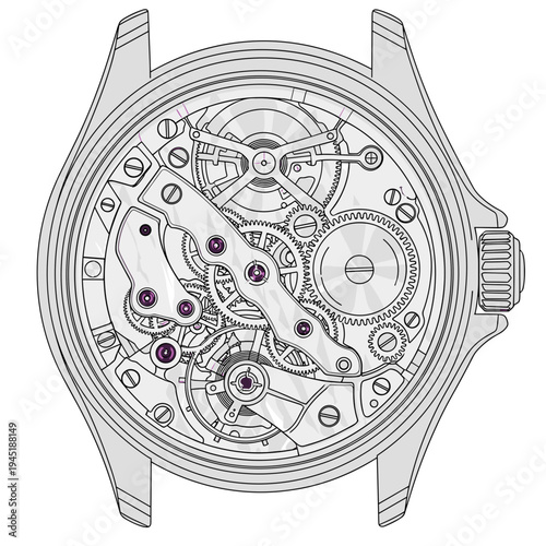 Detailed illustration of a mechanical watch movement, showcasing intricate gears and components.