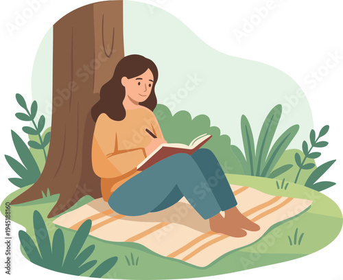 Woman sitting under tree reading notebook outdoors in nature
