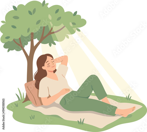 A woman relaxes under a tree on a sunny day outdoors