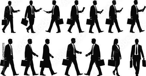 Business people silhouettes walking with briefcases, professionals in suits shaking hands, corporate executives commuting, and managers holding documents for career and global commerce concepts.