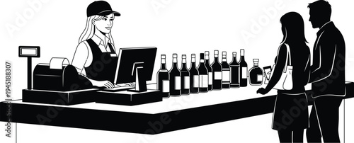 Female cashier in uniform serving customers at checkout counter with wine bottles, processing payments at register in liquor store, grocery shop, and retail commerce.