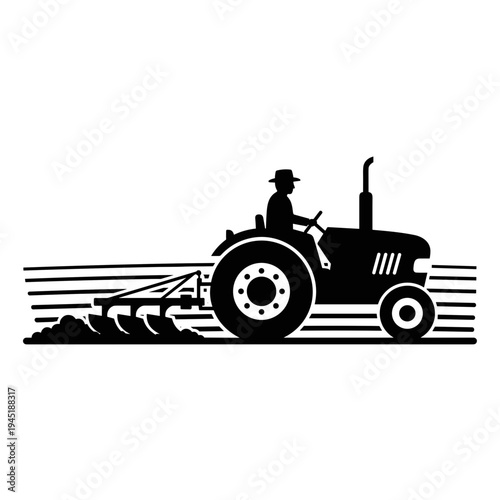 Silhouette of a farmer driving a tractor plowing a field for agriculture.