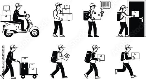 Delivery service icon set featuring couriers riding scooters, carrying parcels, scanning barcodes, pushing carts, and delivering packages to doors for shipping and logistics concepts.