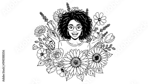 A beautiful woman surrounded by flowers in a black and white illustration