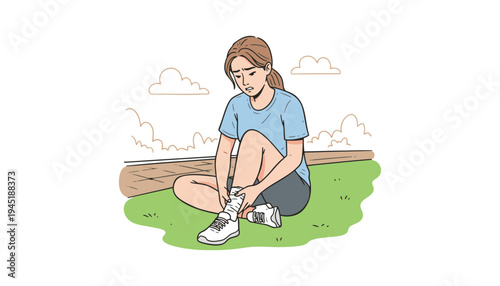 A woman tying her shoelaces on a grassy field outdoors