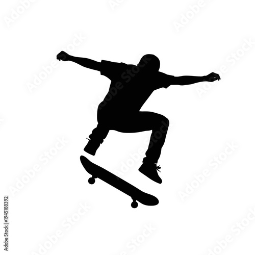 Silhouette of a skateboarder performing a trick against a white background.