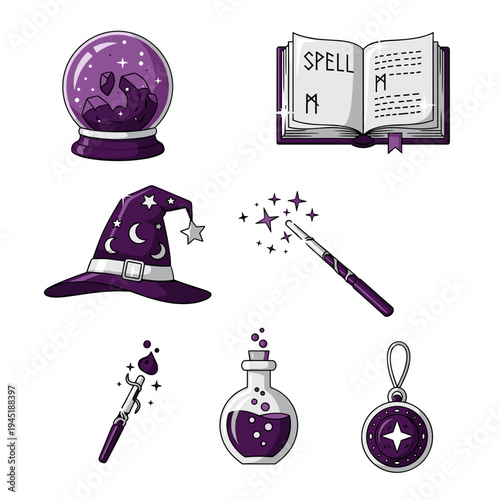 Magical illustrations of a crystal ball, spell book, wizard hat, wand, potion, and amulet.