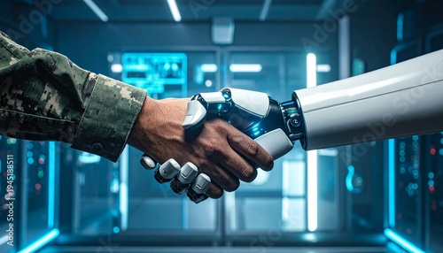 Handshake between soldier and AI robot in futuristic setting, symbolizing technology and military alliance. A close-up of a firm handshake between a human and a robot