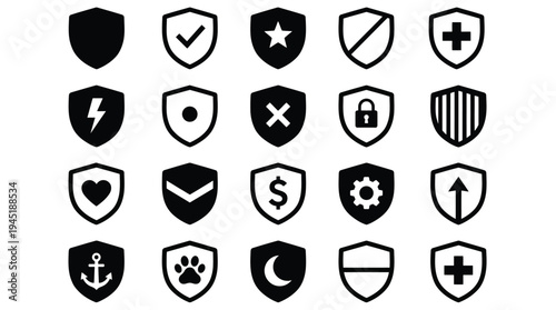 Various shield icons with different symbols and markings in black and white vector illustration for design and security concepts