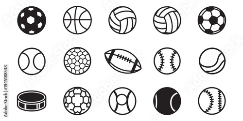 Collection of sports balls and equipment icons on white background flat design