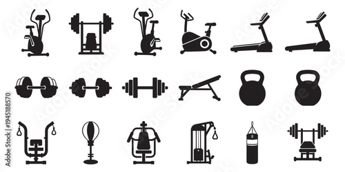 Various gym workout machines and weights for fitness and exercise flat icons